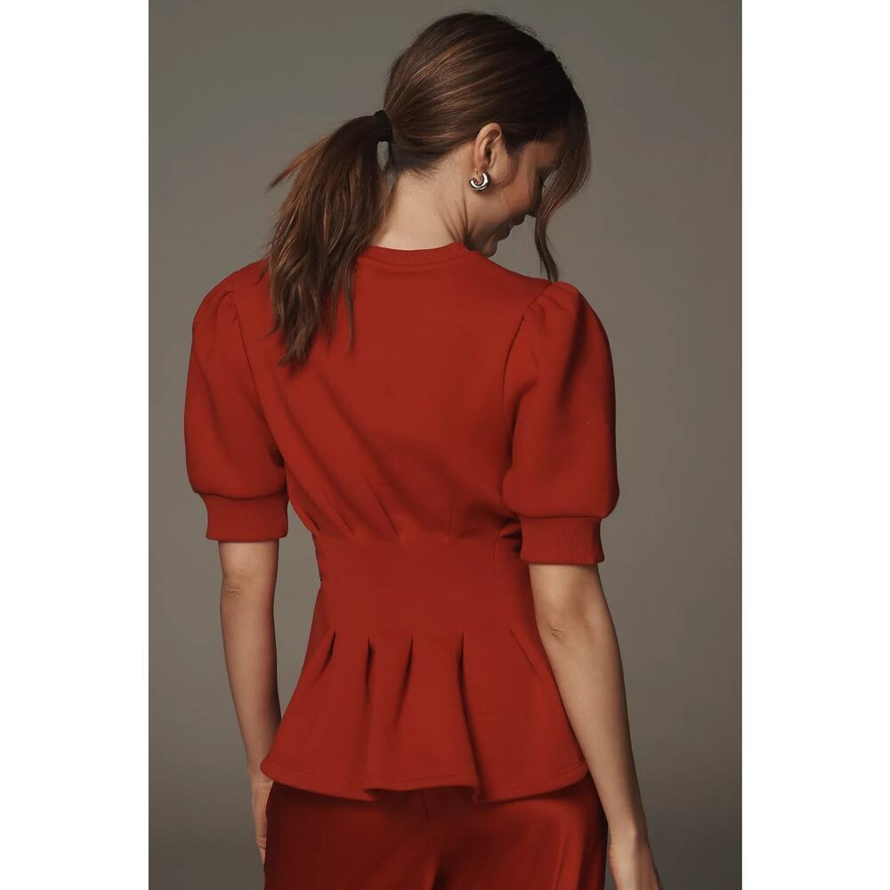 Anthropologie Maeve Puff Sleeve Pleated Waist Peplum Top Red Size XS - Picture 2 of 8